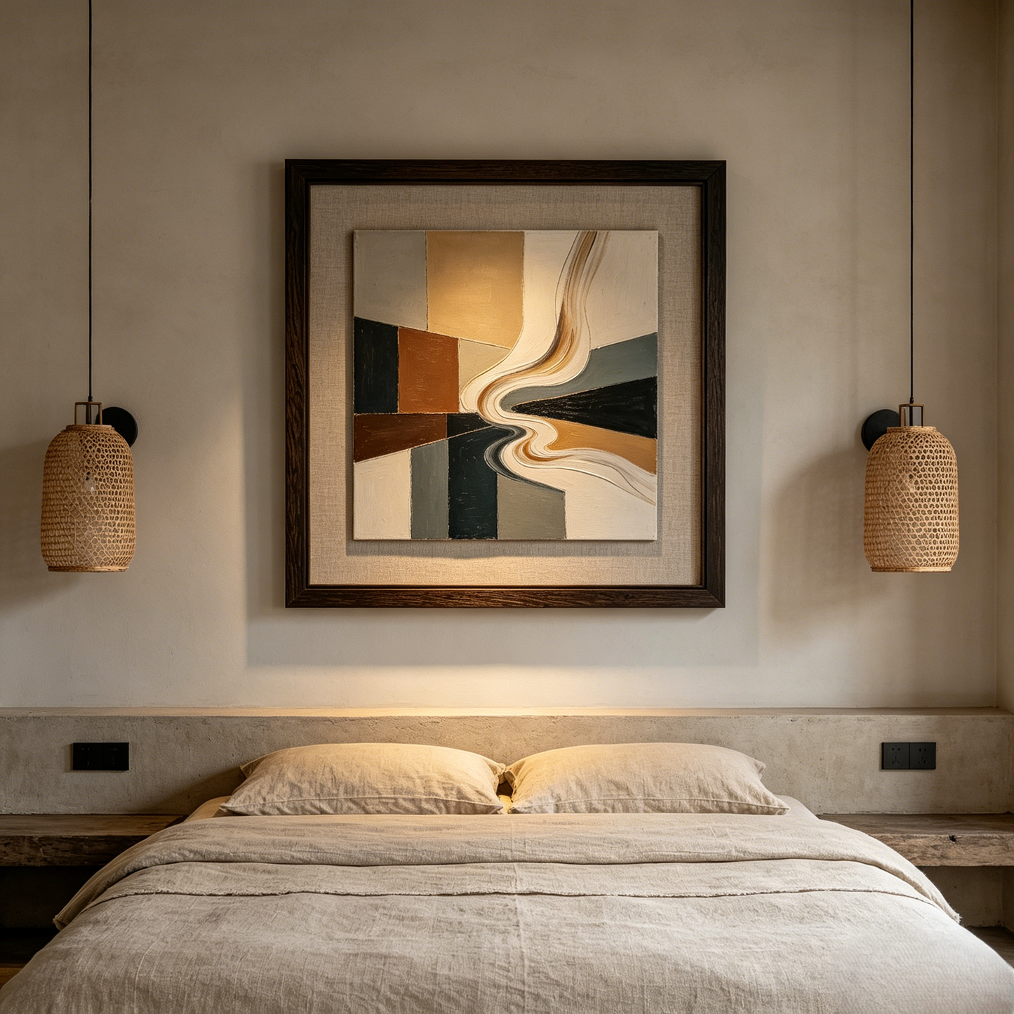 Warm Earth-Tone Geometric Abstract Framed Canvas Wall Art