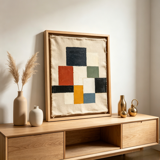 Mid-Century Geometric Linen Framed Wall Art