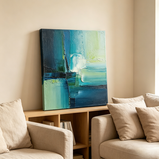 Coastal Blue Abstract Textured Oil Painting Wall Art