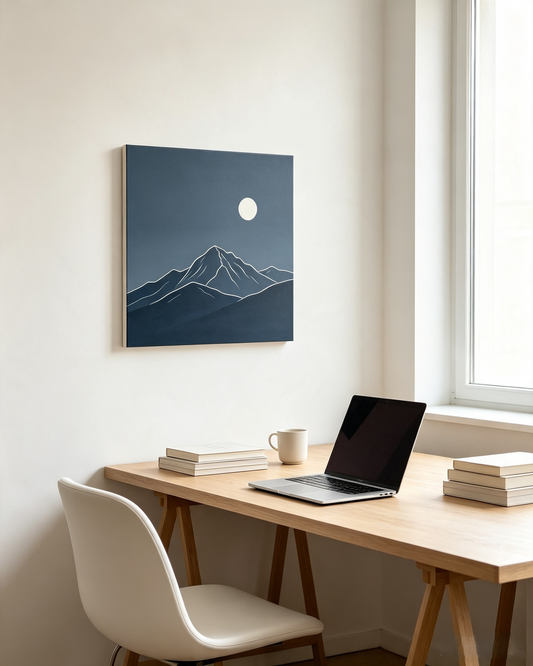 Navy Mountain Moon Minimalist Canvas Wall Art