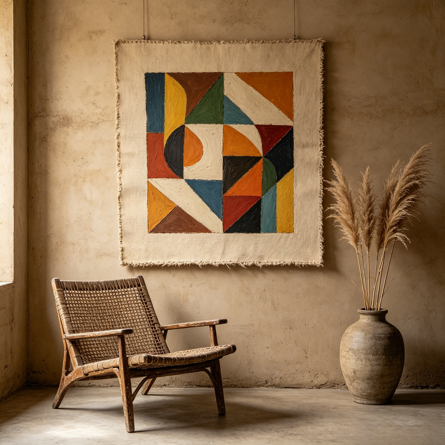 Vibrant Geometric Fringed Linen Tapestry Wall Art
