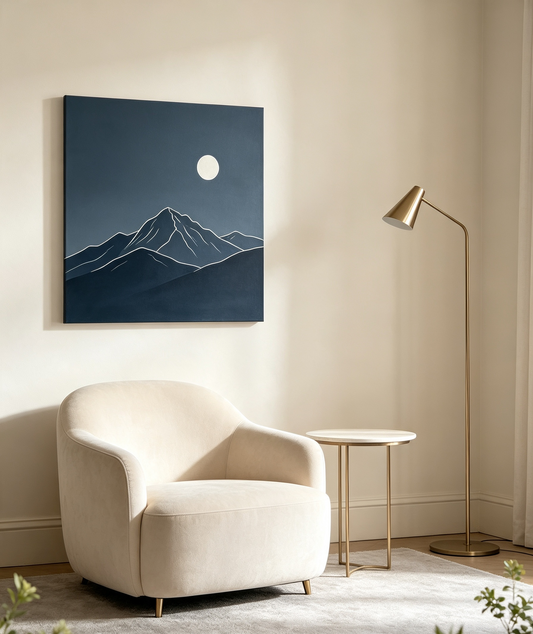 Navy Mountain Moon Minimalist Canvas Wall Art