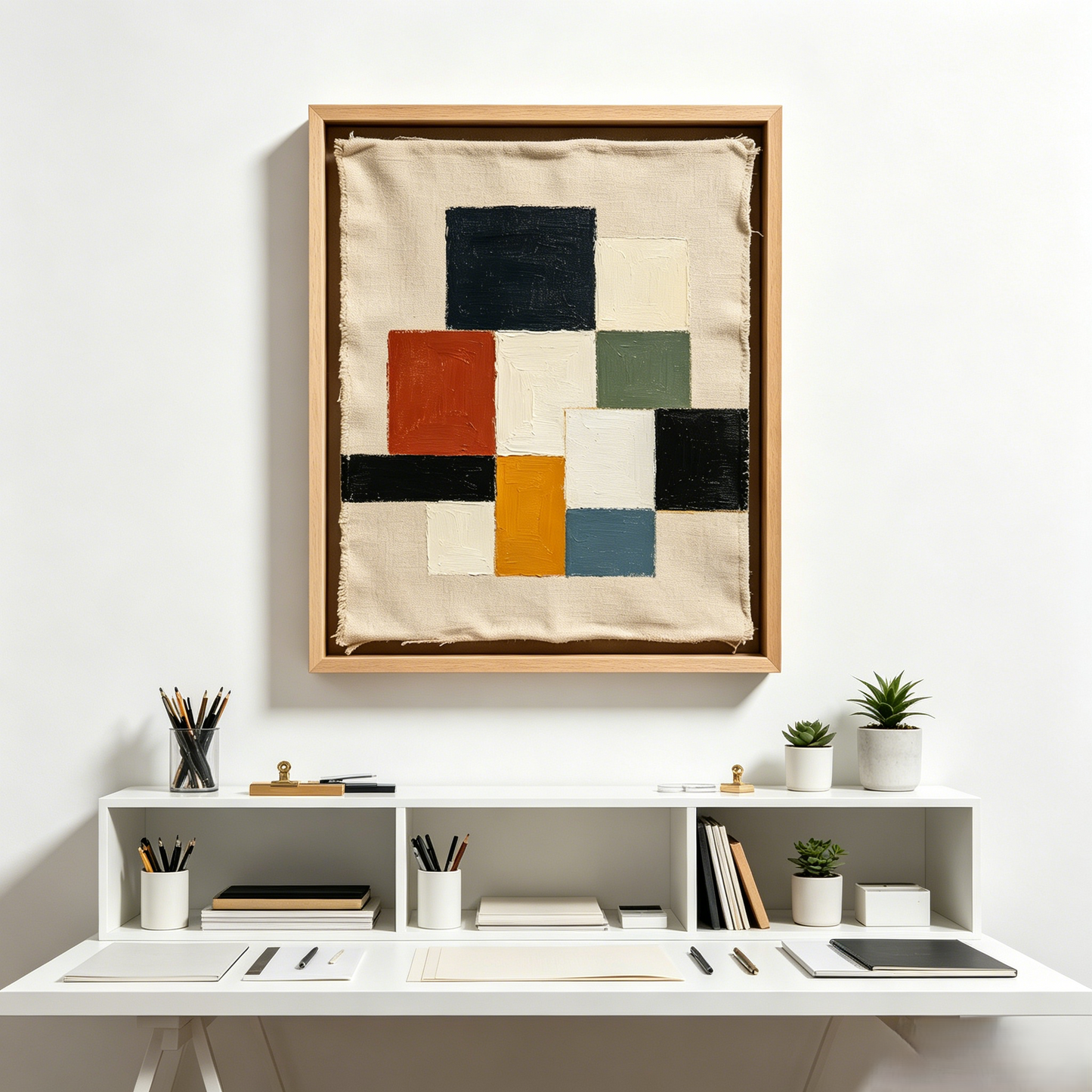 Mid-Century Geometric Linen Framed Wall Art